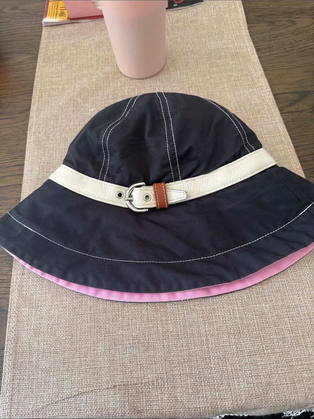 Coach reversible Hat with Contrast Pink Trim and leather off White Buckle Band